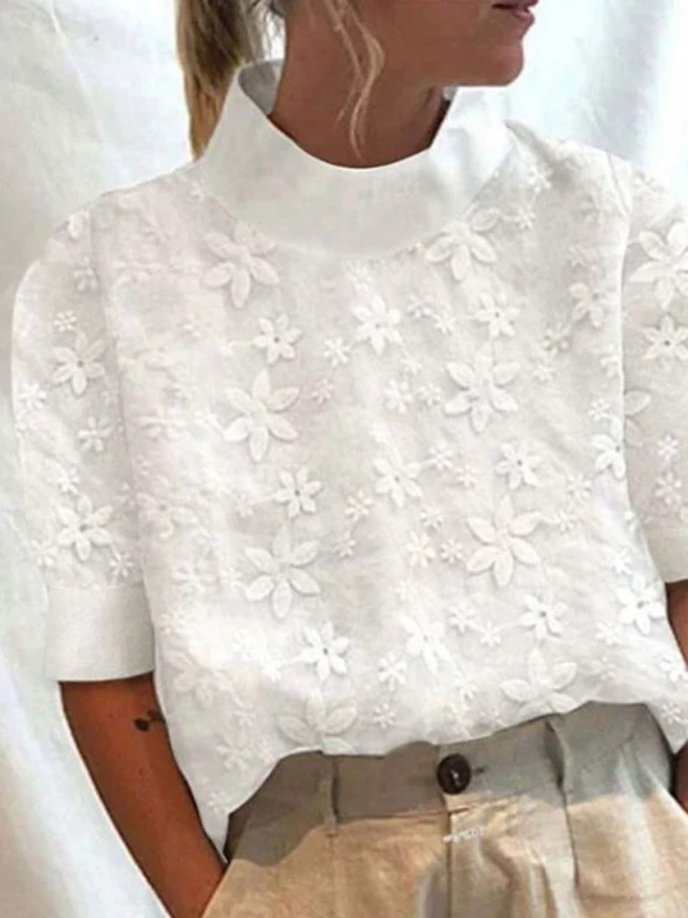 ZARA Elegant Summer Embroidered Lace Mock Neck Blouse